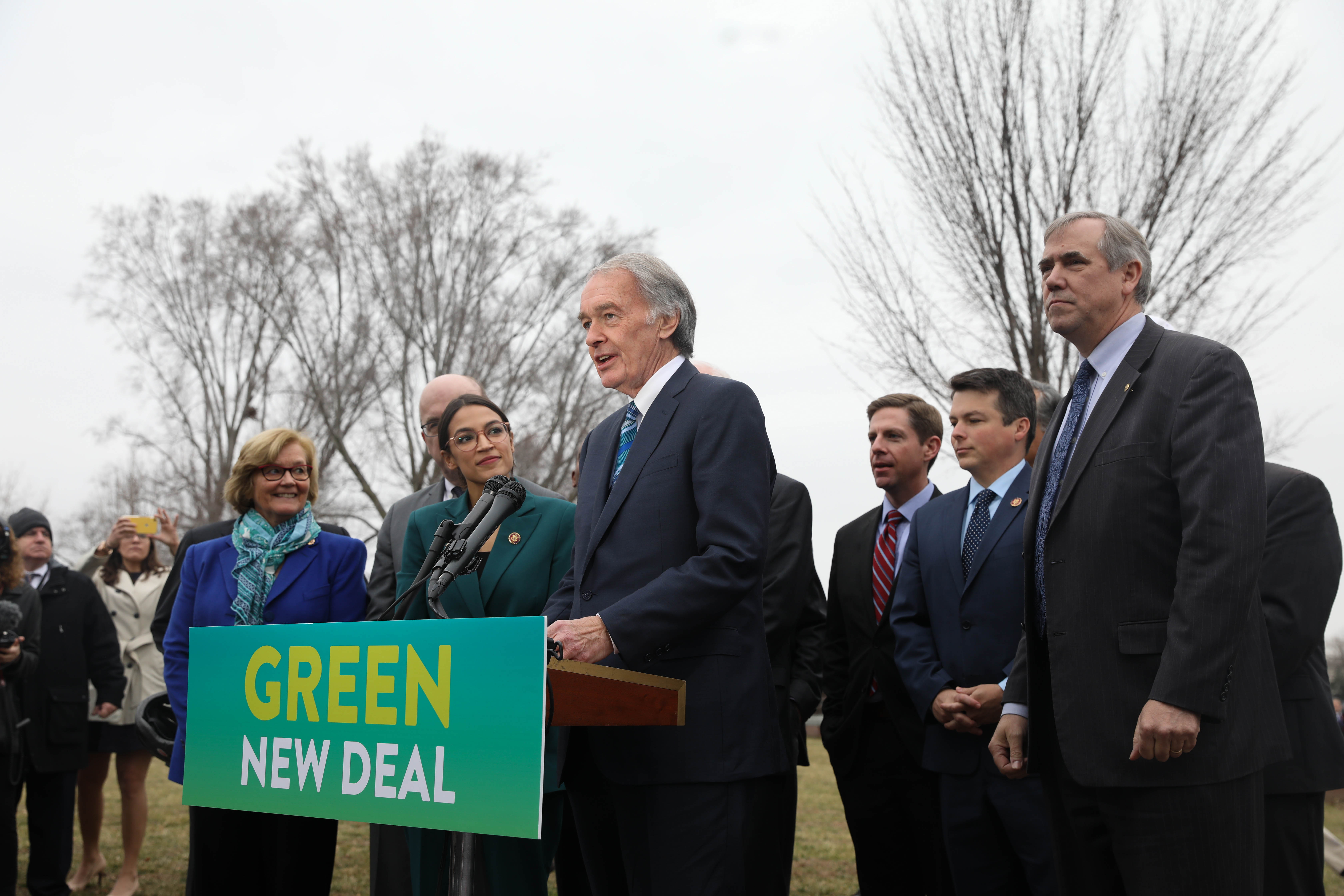 Ocasio-Cortez and Senator Ed Markey at a press event on February 7, 2019.